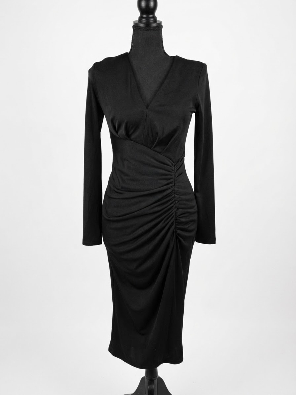 Express Black Long-Sleeve Midi Dress with Side Ruching